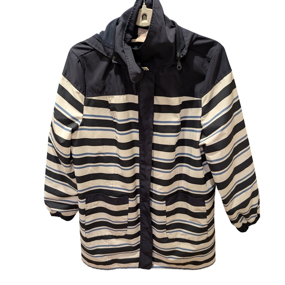 Chico's Striped Hooded Rain Jacket Navy Blue White US 12/14 Windbreaker Lined